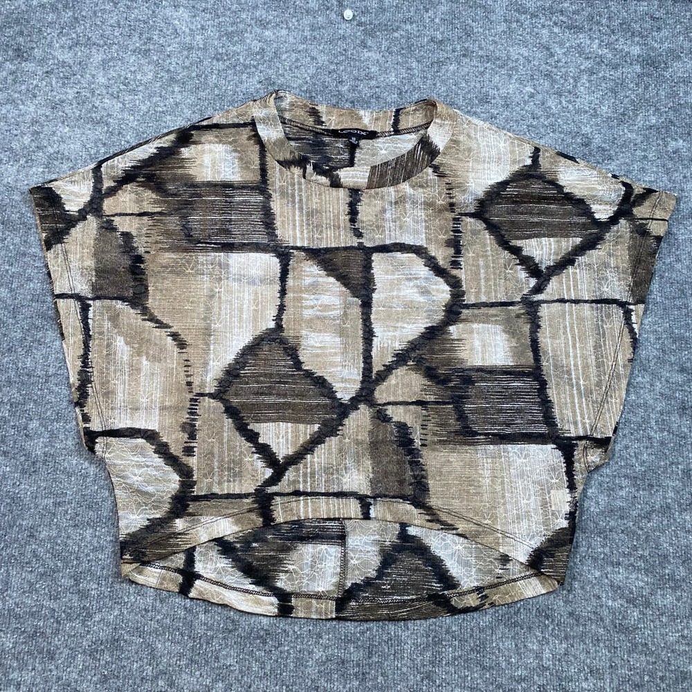 Logix Womens XS Geometric Abstract Boxy Crop Top Tan Brown Black High Low Hem